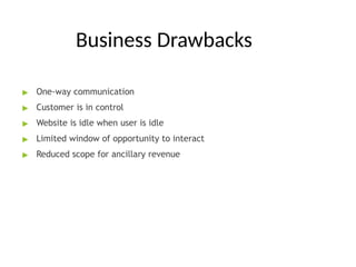 Business Drawbacks
▶ One-way communication
▶ Customer is in control
▶ Website is idle when user is idle
▶ Limited window of opportunity to interact
▶ Reduced scope for ancillary revenue
 
