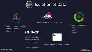 @alexsotob17
Isolation of Data
Flyway f = new Flyway();
f.setDataSource();
f.migrate();
mvn flyway:migrate
<configuration>
<url>..</url>
…
</configuration>
<flyway:migrate url=“” user=“”/>
flyway migrate -url=… -user=…
gradle flywayMigrate
flyway {
url=“..”
user=“..
}
 