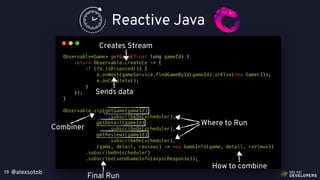 @alexsotob19
Reactive Java
Creates Stream
Sends data
Where to Run
Combiner
How to combine
Final Run
 