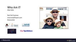 @alexsotob2
Alex Soto
Red Hat Engineer
www.lordofthejars.com
@alexsotob
Who Am I?
 
