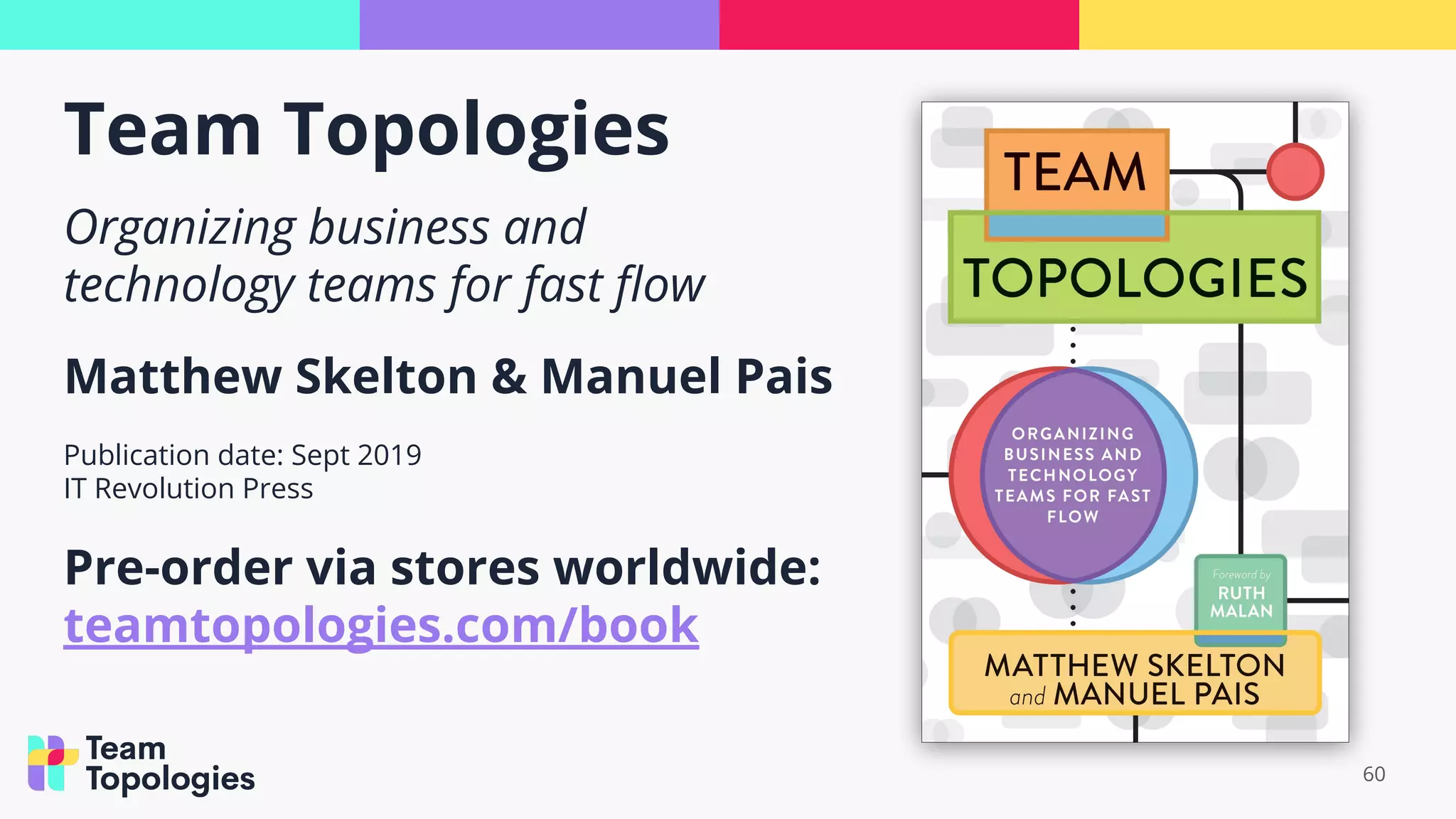 Team Topologies
60
Organizing business and
technology teams for fast ﬂow
Matthew Skelton & Manuel Pais
Publication date: Sept 2019
IT Revolution Press
Pre-order via stores worldwide:
teamtopologies.com/book
 
