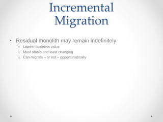 Incremental
Migration
• Residual monolith may remain indefinitely
o Lowest business value
o Most stable and least changing
o Can migrate – or not – opportunistically
 