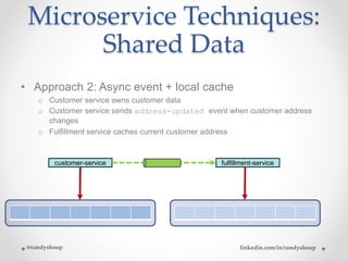 Microservice Techniques:
Shared Data
• Approach 2: Async event + local cache
o Customer service owns customer data
o Customer service sends address-updated event when customer address
changes
o Fulfillment service caches current customer address
fulfillment-servicecustomer-service
@randyshoup linkedin.com/in/randyshoup
 