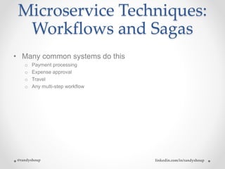 Microservice Techniques:
Workflows and Sagas
• Many common systems do this
o Payment processing
o Expense approval
o Travel
o Any multi-step workflow
@randyshoup linkedin.com/in/randyshoup
 