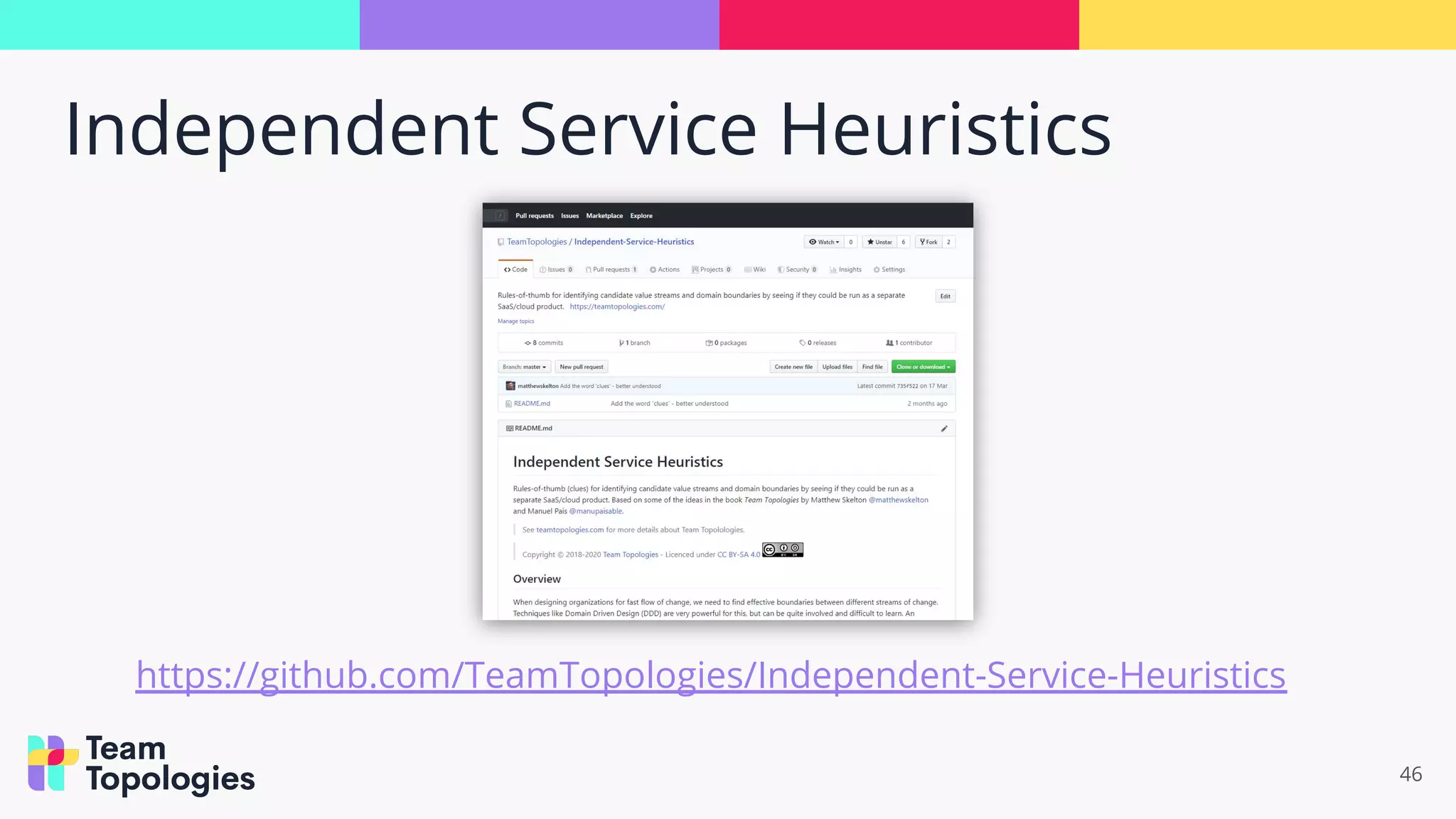Independent Service Heuristics
46
https://github.com/TeamTopologies/Independent-Service-Heuristics
 