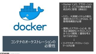 © COPYRIGHT 2019 FIXER Inc.
コンテナのオーケストレーションの
必要性
• Docker により、アプリケーション
のコード、インフラの構成情報を
統合的に管理（疎結合）
• ただし、大規模システムの場合、
複数のホストマシンからなる、分
散環境構築が必要
• 開発したアプリケーションを、効
率よく継続的にデプロイしていく
か？という開発 / 運用を考え
なくてはならない
↓
• コンテナのオーケストレーション
ツールが必要
 