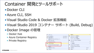 © COPYRIGHT 2018 FIXER Inc.
•Docker CLI
•Azure CLI, SSH
•Visual Studio Code & Docker 拡張機能
•Visual Studio 2019 コンテナー サポート (Build, Debug)
•Docker Image の管理
• Docker Hub
• Azure Container Registry
• Private Registry
Container 開発とツールサポート
 