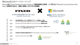 © COPYRIGHT 2019 FIXER Inc.© COPYRIGHT 2019 FIXER inc.
8
Microsoftの「Cloud Solution Provider Program」に開始初期から参加、2017年には「Microsoft Country Partner of the
Year」を受賞するなど、緊密に連携してビジネスを展開
Microsoftとのパートナーシップ
クラウドのためのベストサービス
～フルマネージドサービス～
最適なパブリッククラウド
～クラウドマネージメント～
2013
2014
2015
2016
2018
2017
2019
当社松岡が発起人となり一般社団法人アジュール評議会(ACE)設立
Microsoft Azure パートナーアワード Cloud Service Vendor 最優秀賞 受賞
Microsoft Azure パートナーアワード Cloud Service Vendor 最優秀賞 受賞
パートナープログラム「Cloud Solution Provider Program」の開始に当たり
パートナーとして認定(世界26社のうち1社)
Microsoft Financial Services Award 受賞
日本国内で最も優秀な成績を収めたパートナーとして、Microsoft Country Partner of the Year 受賞
 