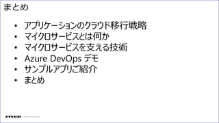 © COPYRIGHT 2018 FIXER Inc.
• アプリケーションのクラウド移行戦略
• マイクロサービスとは何か
• マイクロサービスを支える技術
• Azure DevOps デモ
• サンプルアプリご紹介
• まとめ
まとめ
 