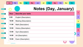 Feb
Notes (Day, January)
Hour Describe your tasks
9:00 English (Description)
10:00 Meeting (Description)
11:00 Math (Descr...