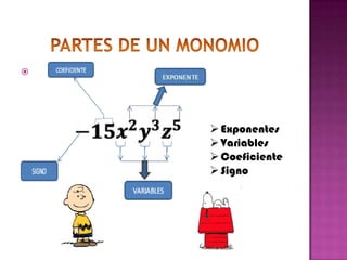 




     Exponentes
     Variables
     Coeficiente
     Signo
 