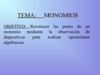TEMA: MONOMIOS
OBJETIVO: Reconocer las partes de un
monomio mediante la observación de
diapositivas para realizar operaciones
algebraicas.
 
