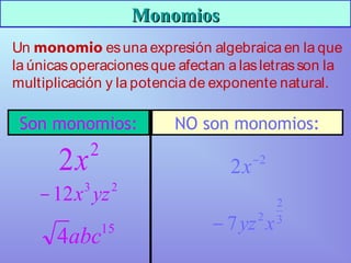MonomiosMonomios
Un monomio esuna expresión algebraica en la que
la únicasoperacionesque afectan a lasletrasson la
multiplicación y la potencia de exponente natural.
Son monomios: NO son monomios:
2
2x
23
12 yzx−
15
4abc
2
2 −
x
3
2
2
7 xyz−
 