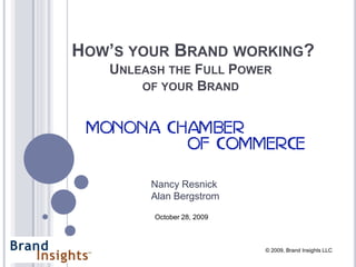 HOW’S YOUR BRAND WORKING?
   UNLEASH THE FULL POWER
       OF YOUR BRAND




        Nancy Resnick
        Alan Bergstrom

         October 28, 2009



                            © 2009, Brand Insights LLC
 
