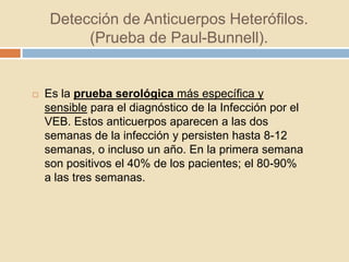 Detección de Anticuerpos Heterófilos.
(Prueba de Paul-Bunnell).
 Es la prueba serológica más específica y
sensible para el diagnóstico de la Infección por el
VEB. Estos anticuerpos aparecen a las dos
semanas de la infección y persisten hasta 8-12
semanas, o incluso un año. En la primera semana
son positivos el 40% de los pacientes; el 80-90%
a las tres semanas.
 