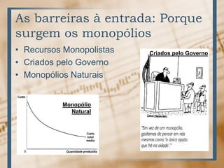 As barreiras à entrada: Porque
surgem os monopólios
• Recursos Monopolistas
• Criados pelo Governo
• Monopólios Naturais
Criados pelo Governo
Monopólio
Natural
 