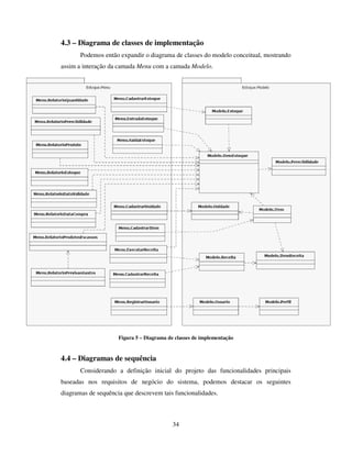 34
4.3 – Diagrama de classes de implementação
Podemos então expandir o diagrama de classes do modelo conceitual, mostrando
assim a interação da camada Menu com a camada Modelo.
Figura 5 – Diagrama de classes de implementação
4.4 – Diagramas de sequência
Considerando a definição inicial do projeto das funcionalidades principais
baseadas nos requisitos de negócio do sistema, podemos destacar os seguintes
diagramas de sequência que descrevem tais funcionalidades.
 