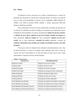 61
5.2 – Testes
O ambiente de testes usado para esse sistema, considerando que o mesmo foi
projetado para funcionar em estação local, utilizando apenas um usuário com perfil de
acesso a todas as funcionalidades do mesmo, foi um computador AMD Athlon64 X2
2.6GHz, com 3GB de memória RAM, rodando o sistema operacional Microsoft
Windows XP Professional SP3.
Para a realização dos testes de sistema, objetivando a simulação da operação real
do sistema, foi realizada uma linha cronológica de operações que compreende a quase
totalidade das funcionalidades do sistema, iniciando pelo registro de um novo usuário,
o cadastro de novos itens, cadastro de um novo estoque, entrada em estoque dos
itens cadastrados, saída de estoque dos itens cadastrados, cadastro de um nova
receita com os itens cadastrados, execução da receita cadastrada e geração de
relatórios relacionados (por produto, por estoque, de produtos escassos e previsão
de gastos).
Visto que os testes de unidade foram realizados concomitantemente com a fase
de desenvolvimento e os testes de aceitação foram realizados junto com os testes de
sistema, não houve necessidade de ser feito um plano de testes nesses casos, sendo
aproveitadas as situações de teste já sendo utilizadas.
Tabela 2 – Casos de teste
Caso de Uso Descrição do teste
Registrar Usuário Registro de um novo usuário
Cadastrar Item Cadastro de novos itens
Cadastrar Estoque Cadastro de um novo estoque
Entrada de Estoque Entrada em estoque dos itens cadastrados
Saída de Estoque Saída de estoque de alguns itens
Cadastrar Receita Cadastro de uma nova receita
Executar Receita Execução da receita cadastrada
Gerar Relatório por Produto Geração do relatório por produtos cadastrados
Gerar Relatório por Estoque Geração do relatório pelo estoque cadastrado
Gerar Relatório de Produtos Escassos Geração do relatório de produtos escassos
Gerar Relatório de Previsão de Gastos Geração do relatório de previsão de gastos
 
