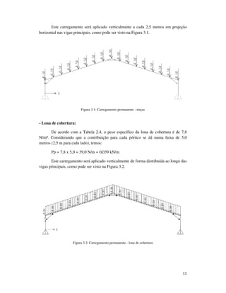11
Este carregamento será aplicado verticalmente a cada 2,5 metros em projeção
horizontal nas vigas principais, como pode ser visto na Figura 3.1.
Figura 3.1: Carregamento permanente - terças
- Lona de cobertura:
De acordo com a Tabela 2.4, o peso específico da lona de cobertura é de 7,8
N/m². Considerando que a contribuição para cada pórtico se dá numa faixa de 5,0
metros (2,5 m para cada lado), temos:
Pp = 7,8 x 5,0 = 39,0 N/m = 0,039 kN/m
Este carregamento será aplicado verticalmente de forma distribuída ao longo das
vigas principais, como pode ser visto na Figura 3.2.
Figura 3.2: Carregamento permanente - lona de cobertura
 