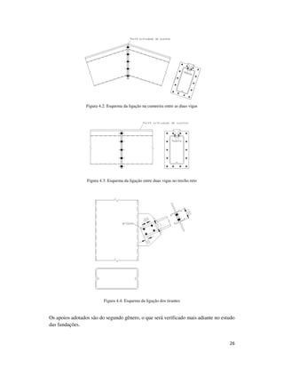 26
Figura 4.2: Esquema da ligação na cumeeira entre as duas vigas
Figura 4.3: Esquema da ligação entre duas vigas no trecho reto
Figura 4.4: Esquema da ligação dos tirantes
Os apoios adotados são do segundo gênero, o que será verificado mais adiante no estudo
das fundações.
 