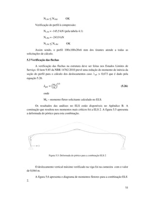 51
Nt,Sd ≤ Nt,Rd OK
Verificação do perfil à compressão:
Nc,Sd = -145,5 kN (pela tabela 4.1)
Nc,Rd = -243,9 kN
Nc,Sd ≤ Nc,Rd OK
Assim sendo, o perfil 100x100x20x6 mm dos tirantes atende a todas as
solicitações de cálculo.
5.3 Verificação das flechas
A verificação das flechas na estrutura deve ser feitas nos Estados Limites de
Serviço. O item 9.85 da NBR 14762:2010 prevê uma redução do momento de inércia da
seção do perfil para o cálculo dos deslocamentos caso lpd > 0,673 que é dado pela
equação 5.26.
ߣ௣ௗ = ቀ
ெ೙
ெ೗
ቁ
଴,ହ
(5.26)
onde
Mn – momento fletor solicitante calculado no ELS.
Os resultados das análises no ELS estão disponíveis no Apêndice B. A
cominação que resultou nos momentos mais críticos foi a ELS 2. A figura 5.5 apresenta
a deformada do pórtico para esta combinação.
Figura 5.5: Deformada do pórtico para a combinação ELS 2
O deslocamento vertical máximo verificado na viga foi na cumeeira com o valor
de 0,044 m.
A figura 5.6 apresenta o diagrama de momentos fletores para a combinação ELS
2.
 