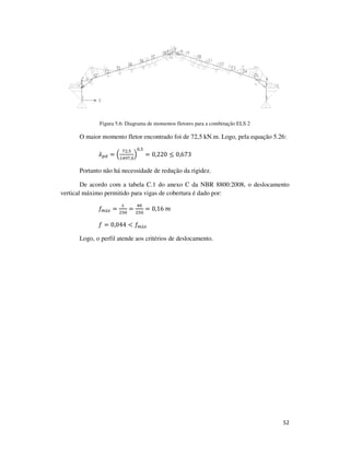 52
Figura 5.6: Diagrama de momentos fletores para a combinação ELS 2
O maior momento fletor encontrado foi de 72,5 kN.m. Logo, pela equação 5.26:
ߣ௣ௗ = ቀ
଻ଶ,ହ
ଵସଽ଻,଴
ቁ
଴,ହ
= 0,220 ≤ 0,673
Portanto não há necessidade de redução da rigidez.
De acordo com a tabela C.1 do anexo C da NBR 8800:2008, o deslocamento
vertical máximo permitido para vigas de cobertura é dado por:
݂௠á௫ =
௅
ଶହ଴
=
ସ଴
ଶହ଴
= 0,16	݉
݂ = 0,044 < ݂௠á௫
Logo, o perfil atende aos critérios de deslocamento.
 