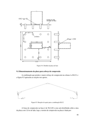 82
Figura 9.4: Detalhe da placa de base
9.1 Dimensionamento da placa para esforço de compressão
A combinação que produz o maior esforço de compressão na coluna é a ELU2, e
a figura 9.5 apresenta as reações nos apoios.
Figura 9.5: Reações de apoio para a combinação ELU2
A força de compressão na base é de 50,2 kN e esta será distribuída sobre a área
da placa com 1,0 m de lado, logo, a tensão de compressão na placa é dada por:
 