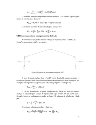 83
ߪ௖ =
ହ଴,ଶ
ଵ,଴×ଵ,଴
= 50,2
௞ே
௠మ = 0,005	݇ܰ/ܿ݉²
O momento para um comprimento unitário na seção S1 da figura 9.4 gerado pela
tensão de compressão é dado por:
‫ܯ‬௖,ௌௗ = 0,005 × 40,0 × 1,0 = 0,2	݇ܰ. ܿ݉/ܿ݉
O momento resistente da placa é dado pela equação 8.7:
‫ܯ‬ோௗ =
ଵ,଼మ
ସ
×
ଷହ
ଵ,ଵ
= 25,8	݇ܰ.
௖௠
௖௠
> ‫ܯ‬௖,ௌௗ
9.2 Dimensionamento da placa para esforço de tração
A combinação que produz o maior esforço de tração na coluna é a ELU5, e a
figura 9.6 apresenta as reações nos apoios.
Figura 9.6: Reações de apoio para a combinação ELU5
A força de tração na base é de 129,6 kN e será distribuída igualmente pelas 12
estacas (ou qualquer outro dispositivo instalado dependendo do local de montagem, por
exemplo, olhais parafusados presos com cabos de aço ligados a contrapesos):
ܰௌ,ௗ =
ଵଶଽ,଺
ଵଶ
= 10,8	݇ܰ
O cálculo do momento na placa gerado por esta força será feito de maneira
análoga ao calculado para a chapa de ligação entre vigas no item 8.1. De acordo com a
figura 8.3 e com as medidas apresentadas na figura 9.4, a largura de influência p é dada
por:
‫݌‬ =	
௘భ
ଶ
=
ଶ଺,଻
ଶ
= 13,4	ܿ݉
O momento solicitante na placa é dado por:
‫ܯ‬ௌௗ =
ி೟,ೞ೏௕
௣
=
ଵ଴,଼×ଷ଴
ଵଷ,ସ
= 24,2	݇ܰ.
௖௠
௖௠
< ‫ܯ‬ோௗ
 