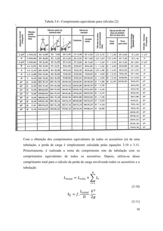 16
Tabela 3.4 - Comprimento equivalente para válvulas [2]
Com a obtenção dos comprimentos equivalentes de todos os acessórios (n) de uma
tubulação, a perda de carga é simplesmente calculada pelas equações 3.10 e 3.11.
Primeiramente, é realizada a soma do comprimento reto da tubulação com os
comprimentos equivalentes de todos os acessórios. Depois, utiliza-se desse
comprimento total para o cálculo da perda de carga envolvendo todos os acessórios e a
tubulação.
∑
(3.10)
(3.11)
 