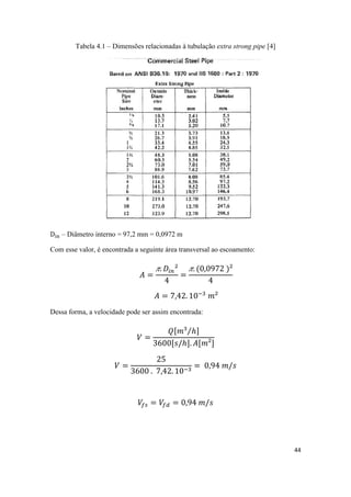 44
Tabela 4.1 – Dimensões relacionadas à tubulação extra strong pipe [4]
– Diâmetro interno = 97,2 mm = 0,0972 m
Com esse valor, é encontrada a seguinte área transversal ao escoamento:
Dessa forma, a velocidade pode ser assim encontrada:
⁄
 