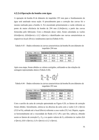 75
4.2.2.4.Operação da bomba com água
A operação da bomba B de diâmetro de impelidor 293 mm para o bombeamento de
água será analisado nessa seção. O procedimento para a correção das curvas foi o
mesmo realizado para a bomba A. Foi encontrado primeiramente a vazão referente ao
ponto de maior eficiência da bomba de 294 mm (1,0xQnvis), a partir das curvas
fornecidas pelo fabricante. Com a obtenção desse valor, foram calculadas as vazões
(0,6xQnvis), (0,8xQnvis) e (1,2 xQnvis) e identificados nas curvas características os
respectivos heads (Hvis) e rendimentos ( nvis) (Tabela 4.43).
Tabela 4.43 – Dados referentes às curvas características da bomba B com diâmetro de
impelidor 294 mm
Bomba - 294 mm 0,6.Qnvis 0,8.Qnvis 1,0.Qnvis 1,2.Qnvis
Qvis (m³/h) 20,4 27,2 34,0 40,8
Hvis (m) 41,0 39,0 35,5 30,5
ηvis (%) 36,0 42,0 44,0 40,5
Após essa etapa, foram obtidos os valores corrigidos, utilizando-se das relações de
usinagem representadas abaixo (Tabela 4.44).
( )
Tabela 4.44 – Dados referentes às curvas características da bomba B com diâmetro de
impelidor 293 mm
Bomba - 293 mm 0,6.Qnvis 0,8.Qnvis 1,0.Qnvis 1,2.Qnvis
Qvis (m³/h) 20,3 27,1 33,9 40,7
Hvis (m) 36,7 38,7 35,3 30,3
ηvis (%) 41 42,0 44,0 40,5
Com o auxílio da carta de correção apresentada na Figura 4.20, os fatores de correção
foram obtidos. Inicialmente, entrou-se na abscissa da carta com a vazão (1,0 x Qnvis)
(33,9 m³/h), subindo até o head (Hnvis) referente a essa vazão (35,3 m). Depois, seguiu-
se horizontalmente até a viscosidade do fluido (13,3 cP) e por fim, subiu-se, obtendo
assim os fatores de correção CE, CQ e os quatro valores de CH referentes às vazões (0,6
x Qnvis), (0,8 x Qnvis), (1,0 x Qnvis) e (1,2 x Qnvis).
 