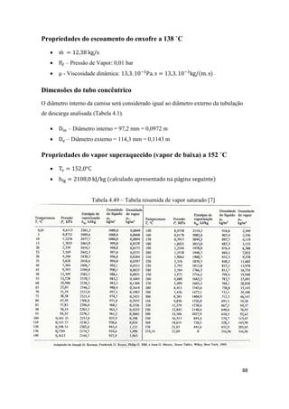 88
Propriedades do escoamento do enxofre a 138 ˚C
 ̇
 – Pressão de Vapor: 0,01 bar
 μ - Viscosidade dinâmica:
Dimensões do tubo concêntrico
O diâmetro interno da camisa será considerado igual ao diâmetro externo da tubulação
de descarga analisada (Tabela 4.1).
 – Diâmetro interno = 97,2 mm = 0,0972 m
 – Diâmetro externo = 114,3 mm = 0,1143 m
Propriedades do vapor superaquecido (vapor de baixa) a 152 ˚C


Tabela 4.49 – Tabela resumida de vapor saturado [7]
 