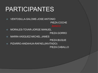 PARTICIPANTES<br />VENTOSILLA-SALOME-JOSE ANTONIO <br />PIEZA:COCHE<br />BANCO<br />MORALES-TOVAR-JORGE MANUEL <br />PIEZA...