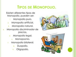 TIPOS DE MONOPOLIO.
Existen diferentes tipos de
Monopolio, pueden ser:
1. Monopolio puro.
2. Monopolio artificial.
3. Monopolio natural.
4. Monopolio discriminador de
precios.
5. Monopolio legal.
6. Monopsonio.
7. Monopolio bilateral.
8. Duopolio.
9. Oligopolio.
 