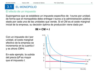EL MONOPOLIO
El efecto de un impuesto
3.1
Con un impuesto de t por
unidad, el coste marginal
efectivo de la empresa se
incrementa en la cuantía t
y es ahora CM+t.
En este ejemplo, la subida
del precio ΔP es mayor
que el impuesto t.
Supongamos que se establece un impuesto específico de t euros por unidad,
de forma que el monopolista debe entregar t euros a la administración pública
stado por cada una de las unidades que vende. Si el CM es el coste marginal
inicial de la empresa, su decisión óptima de producción viene dada por:
IM = CM + t
MICROECONOMÍA Grado en ADE Universitat de València Prof. Carlos Peraita 12
 