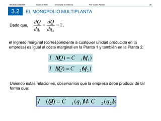 EL MONOPOLIO MULTIPLANTA
3.2
Dado que, ,
el ingreso marginal (correspondiente a cualquier unidad producida en la
empresa) es igual al coste marginal en la Planta 1 y también en la Planta 2:
Uniendo estas relaciones, observamos que la empresa debe producir de tal
forma que:
1
2
1
=
=
dq
dQ
dq
dQ
)
(
)
( 1
1 q
C M
Q
I M =
)
(
)
( 2
2 q
C M
Q
I M =
)
(
)
(
)
( 2
2
1
1 q
C M
q
C M
Q
I M =
=
MICROECONOMÍA Grado en ADE Universitat de València Prof. Carlos Peraita 25
 