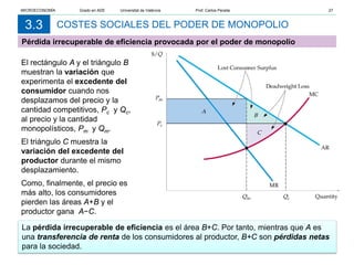 COSTES SOCIALES DEL PODER DE MONOPOLIO
3.3
El rectángulo A y el triángulo B
muestran la variación que
experimenta el excedente del
consumidor cuando nos
desplazamos del precio y la
cantidad competitivos, Pc y Qc,
al precio y la cantidad
monopolísticos, Pm y Qm.
El triángulo C muestra la
variación del excedente del
productor durante el mismo
desplazamiento.
Como, finalmente, el precio es
más alto, los consumidores
pierden las áreas A+B y el
productor gana A−C.
Pérdida irrecuperable de eficiencia provocada por el poder de monopolio
La pérdida irrecuperable de eficiencia es el área B+C. Por tanto, mientras que A es
una transferencia de renta de los consumidores al productor, B+C son pérdidas netas
para la sociedad.
MICROECONOMÍA Grado en ADE Universitat de València Prof. Carlos Peraita 27
 