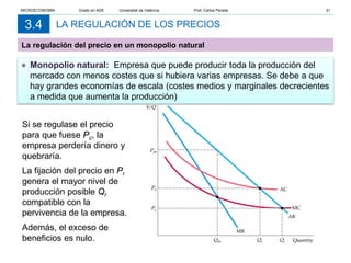 LA REGULACIÓN DE LOS PRECIOS
3.4
Si se regulase el precio
para que fuese Pc, la
empresa perdería dinero y
quebraría.
La fijación del precio en Pr
genera el mayor nivel de
producción posible Qr
compatible con la
pervivencia de la empresa.
Además, el exceso de
beneficios es nulo.
● Monopolio natural: Empresa que puede producir toda la producción del
mercado con menos costes que si hubiera varias empresas. Se debe a que
hay grandes economías de escala (costes medios y marginales decrecientes
a medida que aumenta la producción)
La regulación del precio en un monopolio natural
MICROECONOMÍA Grado en ADE Universitat de València Prof. Carlos Peraita 31
 