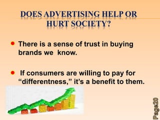 DOES ADVERTISING HELP OR 
HURT SOCIETY? 
There is a sense of trust in buying 
brands we know. 
If consumers are willing to pay for 
“differentness,” it’s a benefit to them. 
 