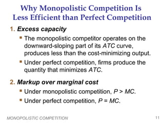 MONOPOLISTIC COMPETITION 11
Why Monopolistic Competition Is
Less Efficient than Perfect Competition
1. Excess capacity
 The monopolistic competitor operates on the
downward-sloping part of its ATC curve,
produces less than the cost-minimizing output.
 Under perfect competition, firms produce the
quantity that minimizes ATC.
2. Markup over marginal cost
 Under monopolistic competition, P > MC.
 Under perfect competition, P = MC.
 