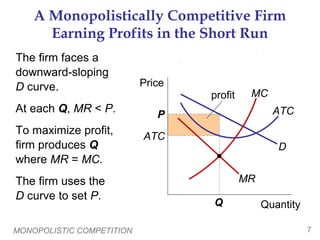 MONOPOLISTIC COMPETITION 7
profit
ATC
P
A Monopolistically Competitive Firm
Earning Profits in the Short Run
The firm faces a
downward-sloping
D curve.
At each Q, MR < P.
To maximize profit,
firm produces Q
where MR = MC.
The firm uses the
D curve to set P.
Quantity
Price
ATC
D
MR
MC
Q
 