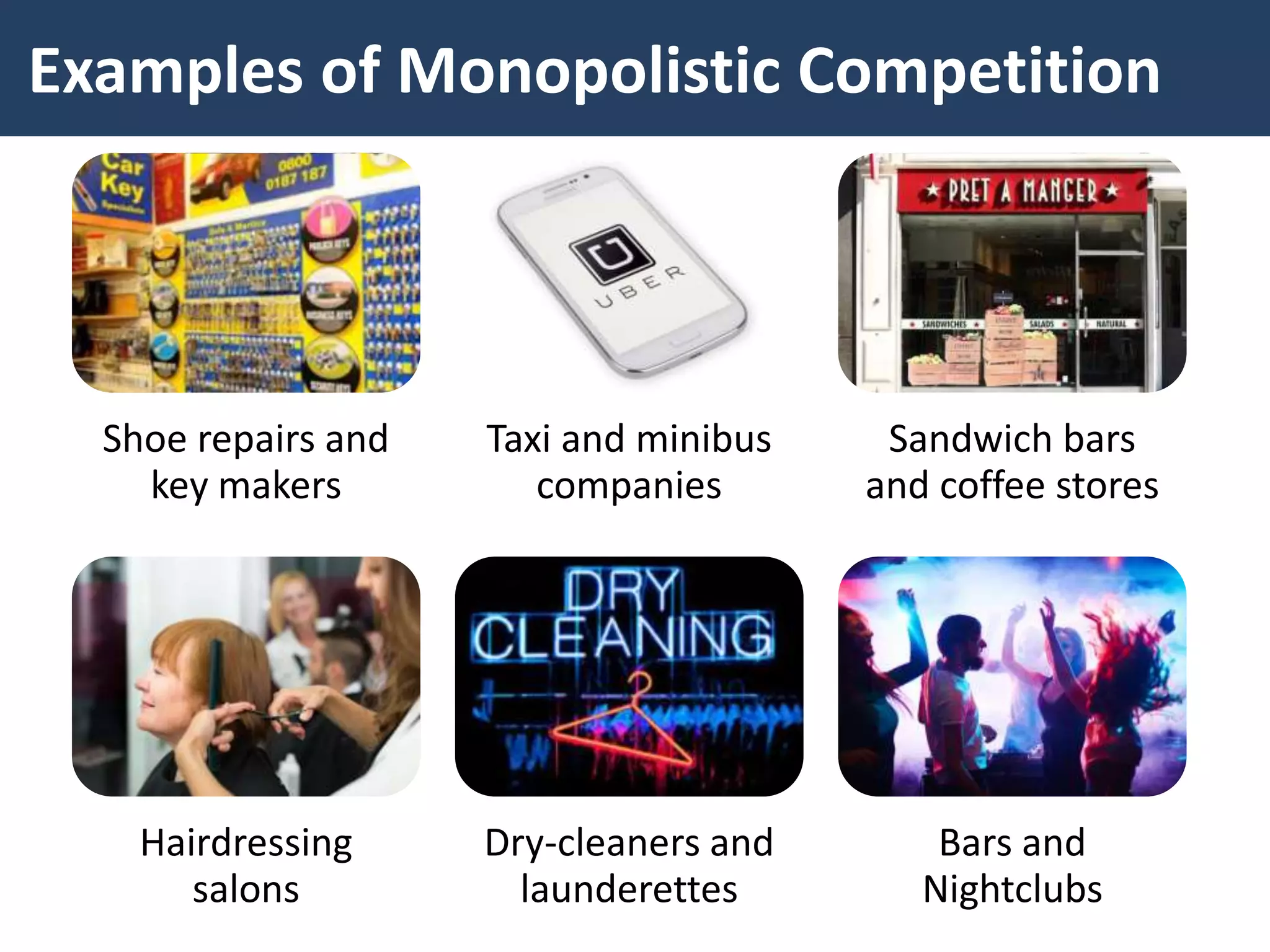 Examples of Monopolistic Competition
Shoe repairs and
key makers
Taxi and minibus
companies
Sandwich bars
and coffee stores
Hairdressing
salons
Dry-cleaners and
launderettes
Bars and
Nightclubs