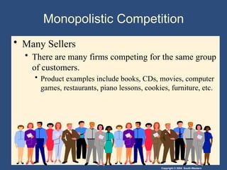 Copyright © 2004 South-Western
Monopolistic Competition
• Many Sellers
• There are many firms competing for the same group
of customers.
• Product examples include books, CDs, movies, computer
games, restaurants, piano lessons, cookies, furniture, etc.
 