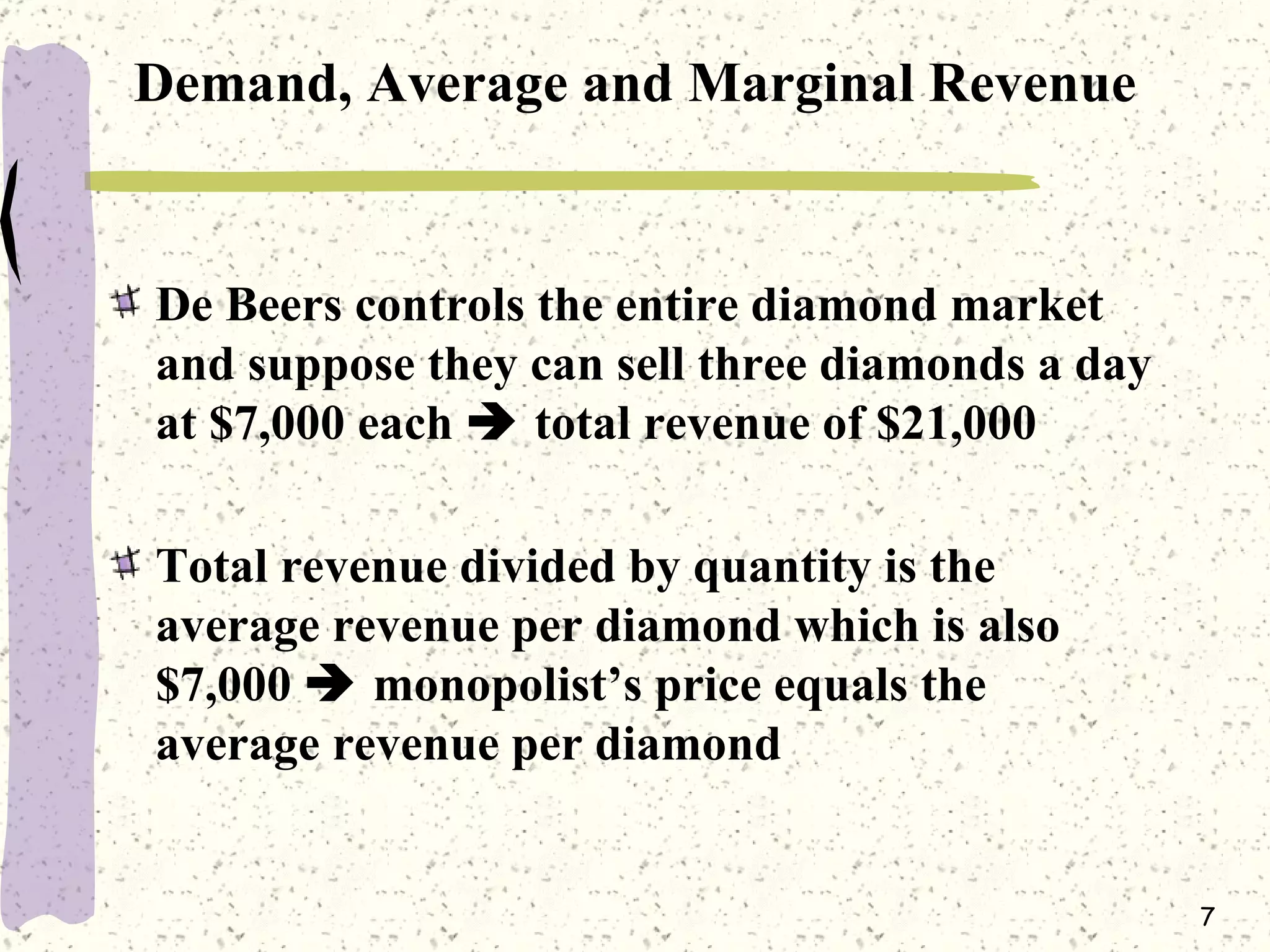Demand, Average and Marginal Revenue De Beers controls the entire diamond market and suppose they can sell three diamonds a day at $7,000 each    total revenue of $21,000 Total revenue divided by quantity is the average revenue per diamond which is also $7,000    monopolist’s price equals the average revenue per diamond 