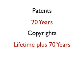 Patents
      20 Years
     Copyrights
Lifetime plus 70 Years
 