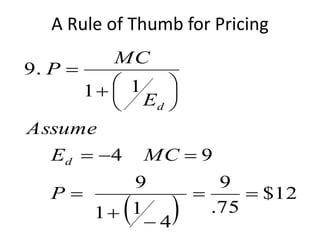 A Rule of Thumb for Pricing
 
12$
75.
9
4
11
9
94
11
9











.
P
MCE
Assume
E
MC
P
d
d
 