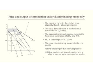 Price and output determination under discriminating monopoly
 The demand curve 𝐷 has higher price
elasticity than 𝐷 at any given price.
 The total demand curve is the horizontal
summation of 𝐷 and 𝐷 .
 The aggregate marginal revenue curve is the
horizontal summation of 𝑀𝑅 and 𝑀𝑅
 𝑀𝐶 is the marginal cost curve.
 The price discriminating monopolist has to
decide
(a)The total output that he must produce
(b) How much to sell in each market and at
what prices, so as to maximise his profits.

MC=MR
ε1 ε2
ε
P
C
P2
P
P1
F’ C
D A
E
MC
D = D1 + D2
X1 X2
X X
MR = MR1 + MR2
MR1
MR2
0
B
 
