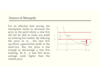 Sources of Monopoly
For an effective limit pricing, the
monopolist needs to decrease the
price to the point where a new firm
will not be able to make any profit
on entering the market. By reducing
the price to , the new firm
sacrifices supernormal profit in the
short-run. But, the price is low
enough to discourage a new firm
entering. At , a new firm faces
average costs higher than the
market price
 