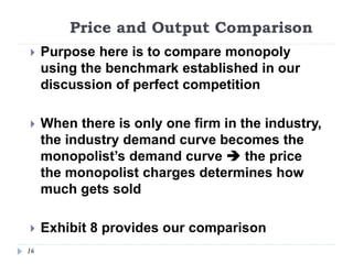 Price and Output Comparison
16
 Purpose here is to compare monopoly
using the benchmark established in our
discussion of perfect competition
 When there is only one firm in the industry,
the industry demand curve becomes the
monopolist’s demand curve  the price
the monopolist charges determines how
much gets sold
 Exhibit 8 provides our comparison
 