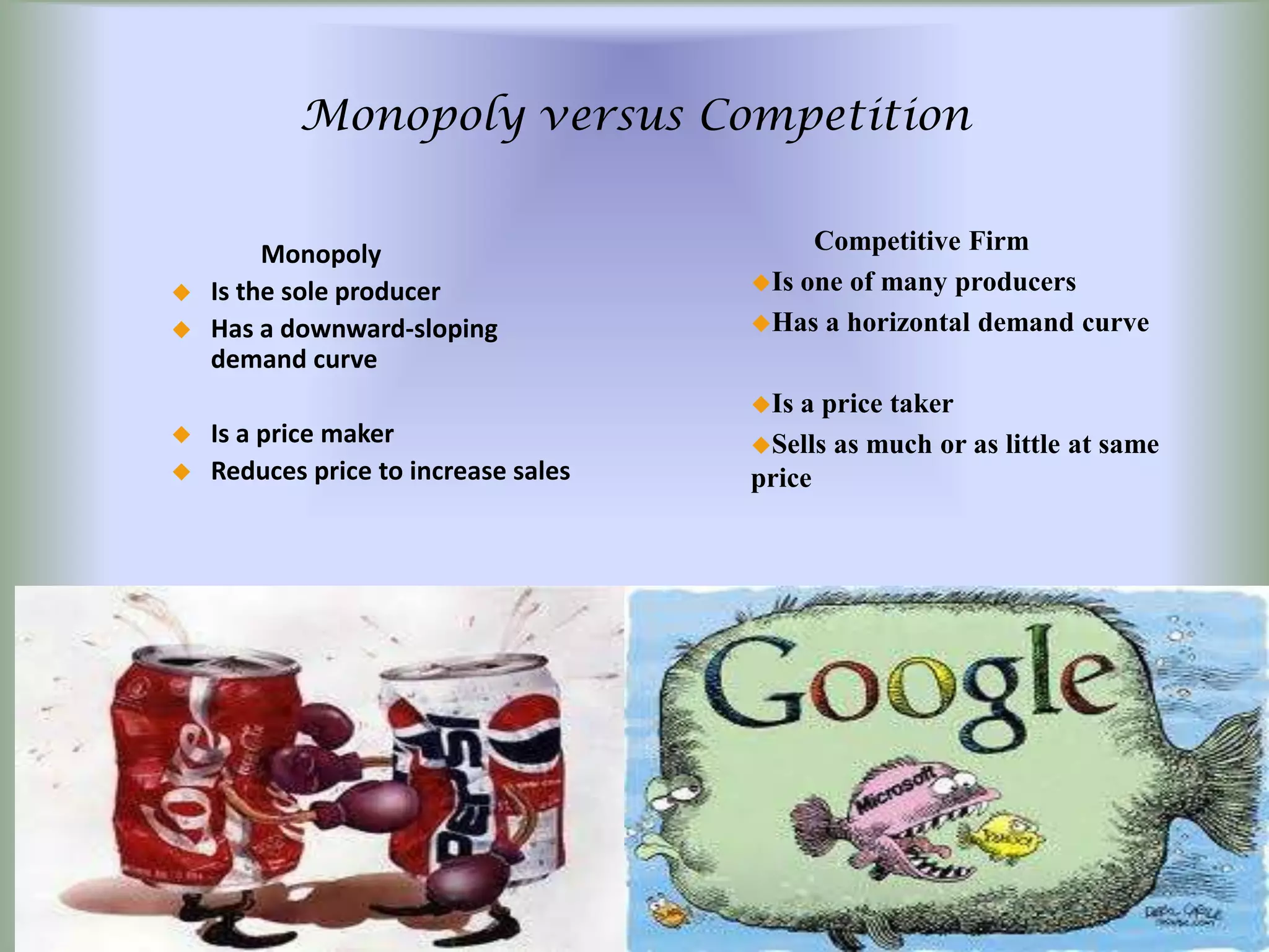 Monopoly versus Competition


         Monopoly                          Competitive Firm
   Is the sole producer              Is one of many producers

   Has a downward-sloping            Has a horizontal demand curve
    demand curve
                                      Is a price taker
   Is a price maker                  Sells as much or as little at same
   Reduces price to increase sales   price
 